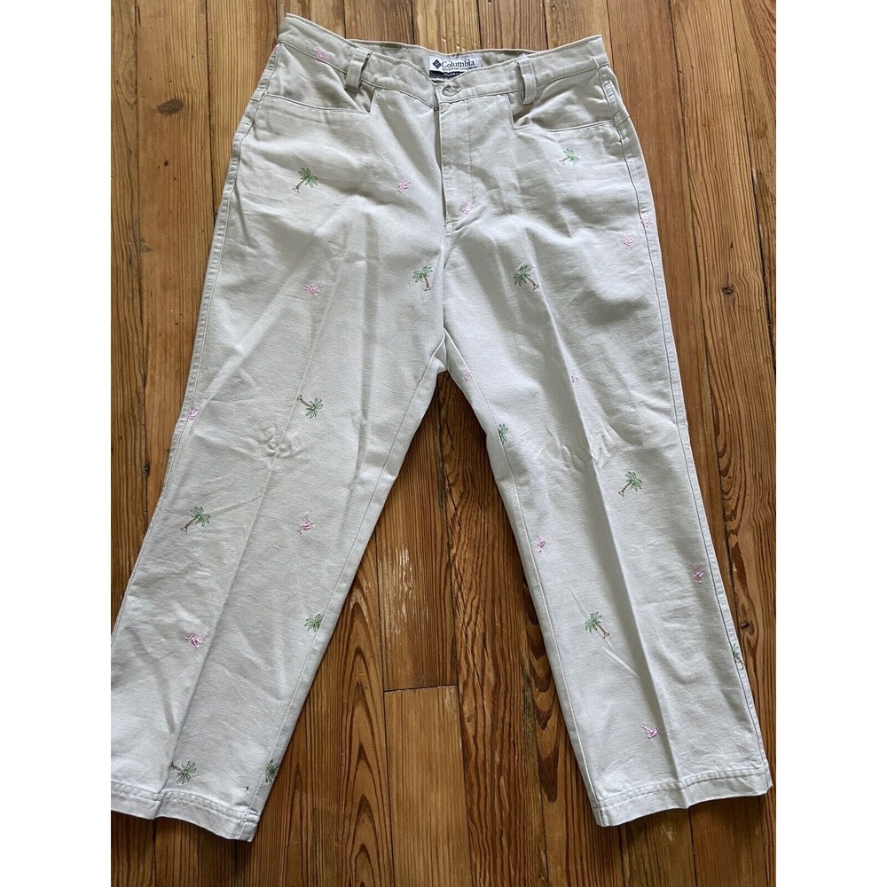 COLUMBIA SPORTSWEAR WHITE FLAMINGO PALM TREE CAPRI PANTS‎ WOMENS SIZE 6 EUC
